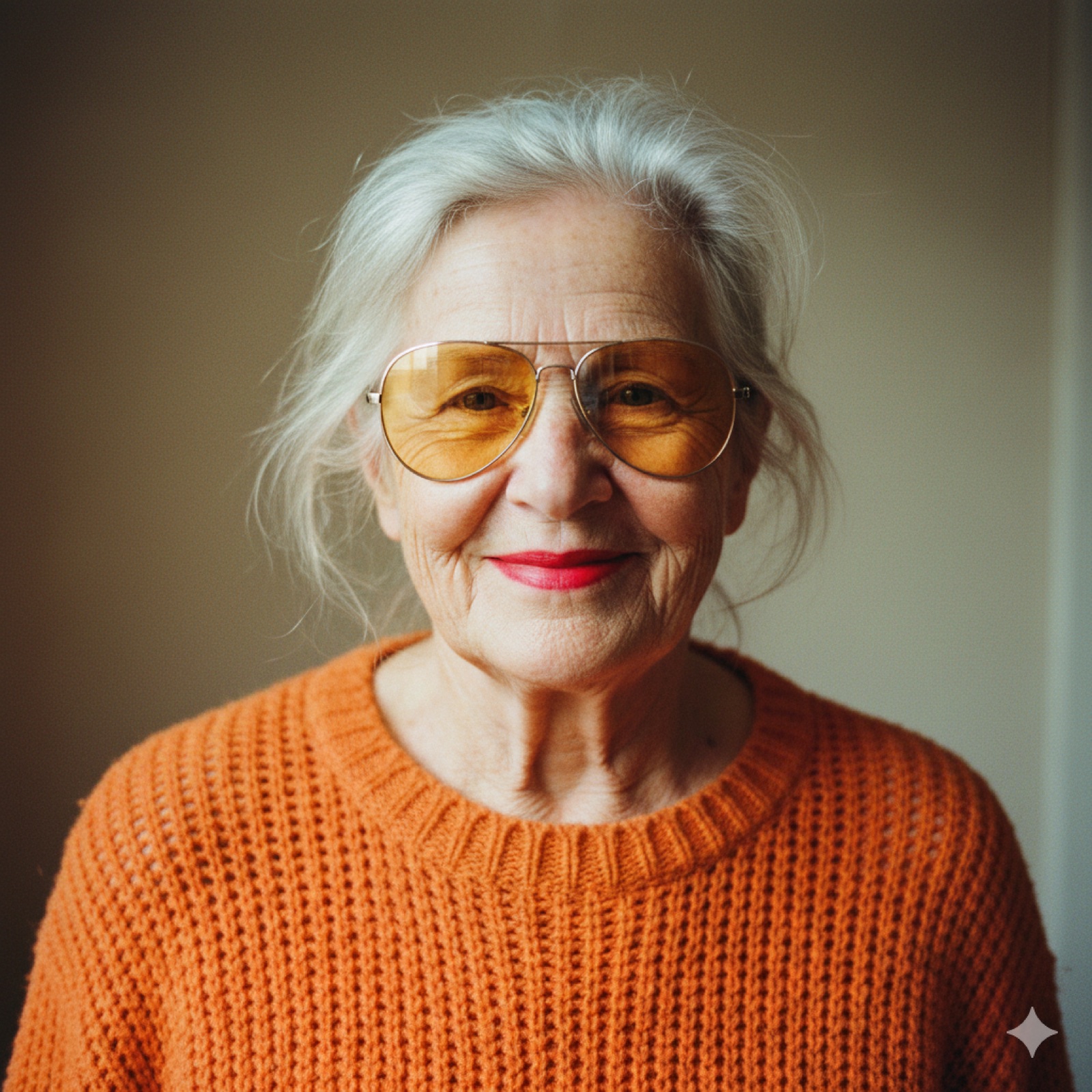 Mormor med gula solglasögon